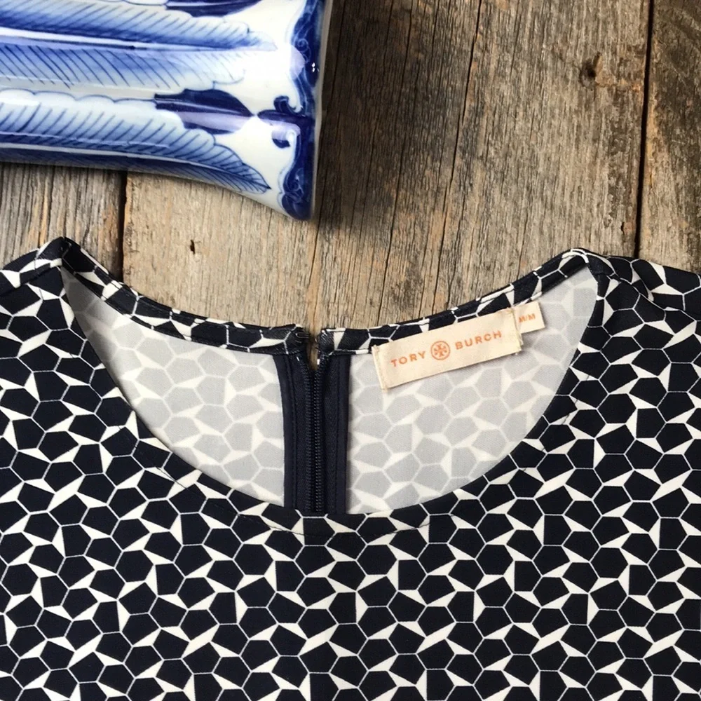 Tory Burch Geometric Long Sleeve Navy Sheath Dress Size Medium - Picture 9 of 13